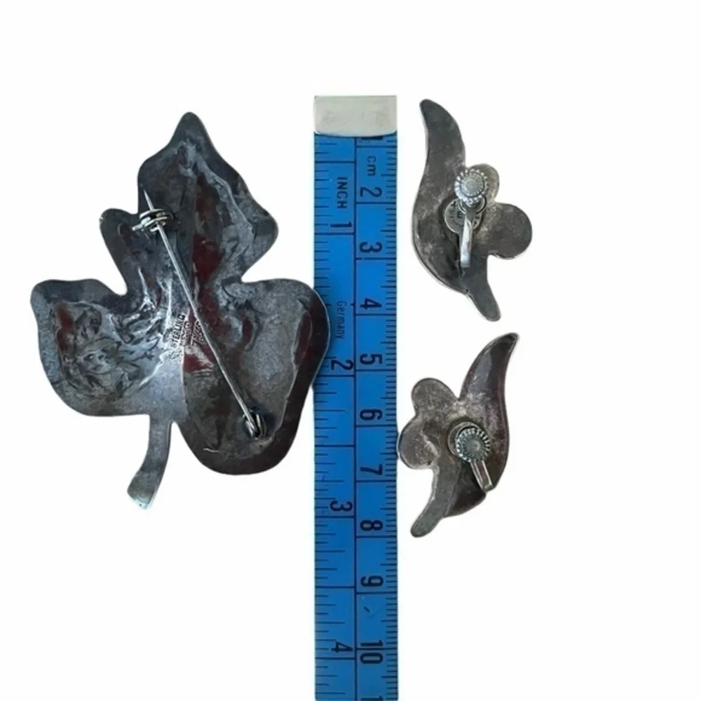 Vintage Taxco 925 Silver Abalone Shell Leaf Brooch Earrings Matching Jewelry Set